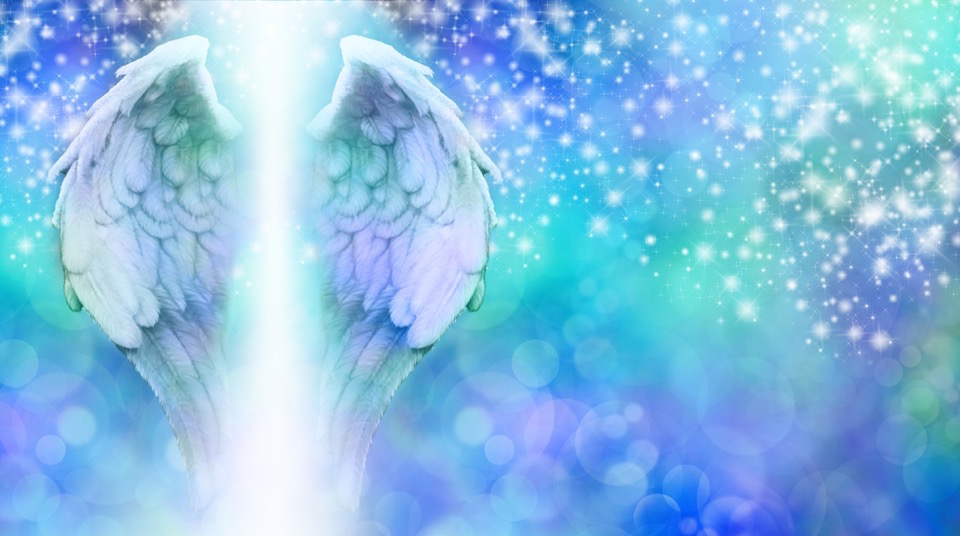 An image of angel wings on a blue abstract background.